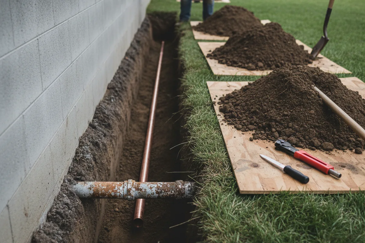 Excavated water line trench during Water Softener Installation in Granville
